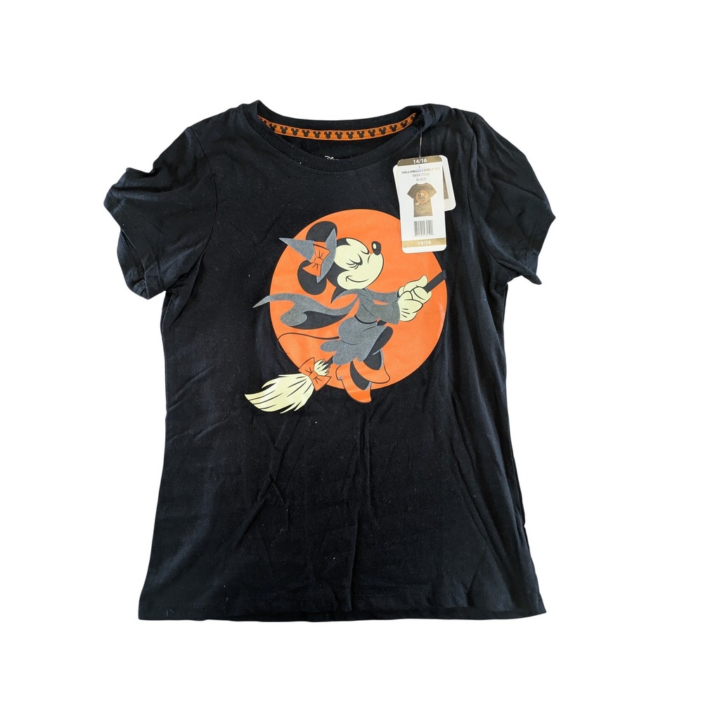 Disney Minnie Mouse Witch Halloween Graphic T-Shirt Black Kids Size 14/16 XL NEW